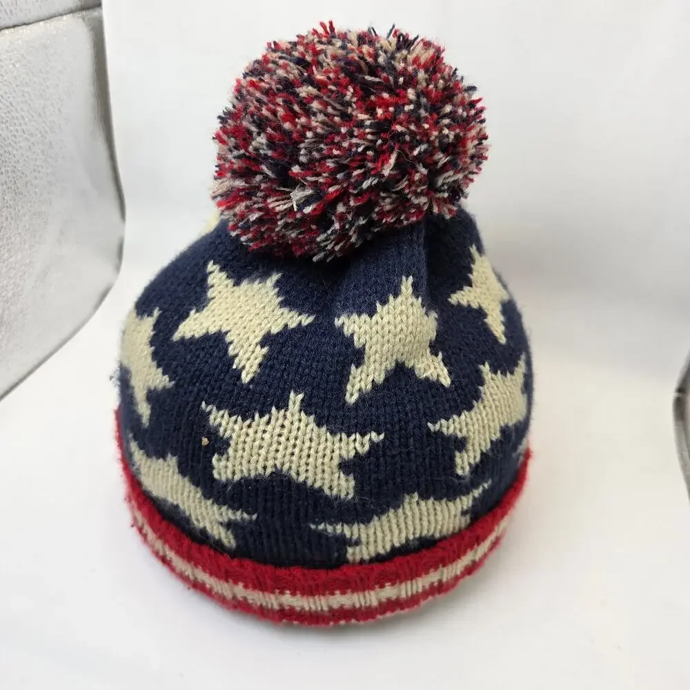 USA Flag Knit Beanie Hat Stars Stripes Pom Winter Acrylic Unbranded